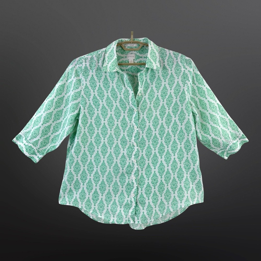 Chico's Linen Shirt Womens L Petite 16/18P Green No Iron‎ 3/4 Sleeve Top